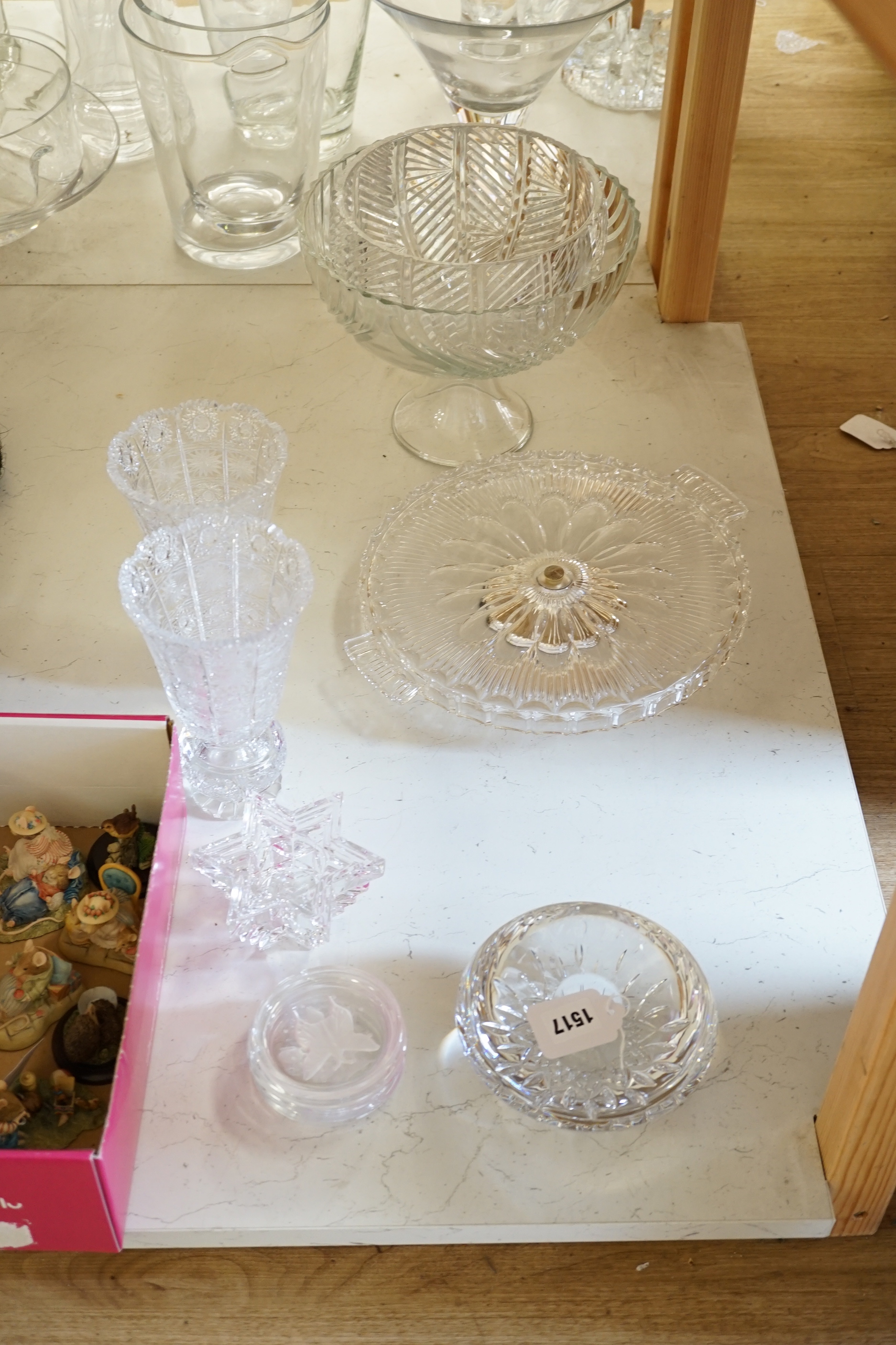 A collection of mixed cut glass vases etc, tallest 20cm high